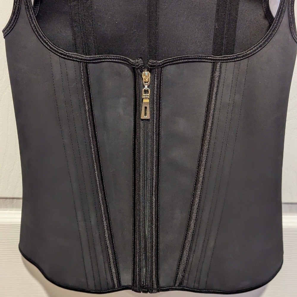 Y2K Waist Trainer 100% Latex Corset Cincher Shapewear Black Zip Front Vest M - Picture 4 of 6